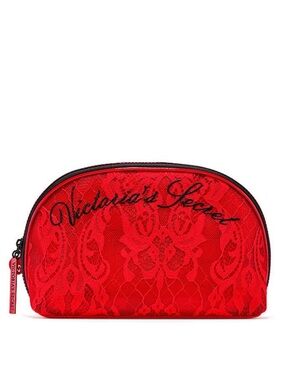 Victoria's Secret Red and Black Lace Cosmetic Makeup Zipper Pouch Bag